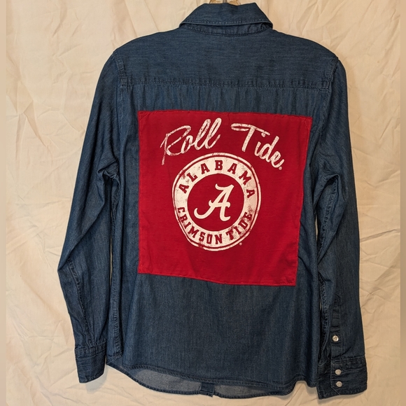 ALABAMA Roll Tide Football Denim Shirt Hand Crafted Upcycled Handmade Design - Picture 1 of 10